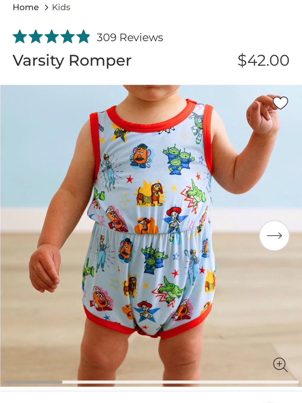 Posh Peanut Toy Story Varsity Romper in Light Blue with Red Trim 2t